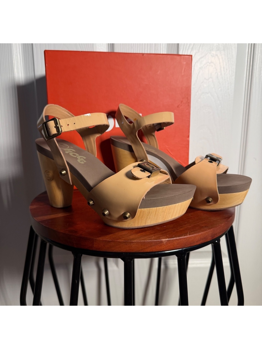 70s Inspired Platform Clog Sandals Nude Patent Leather Wood Chunky Heel Studded